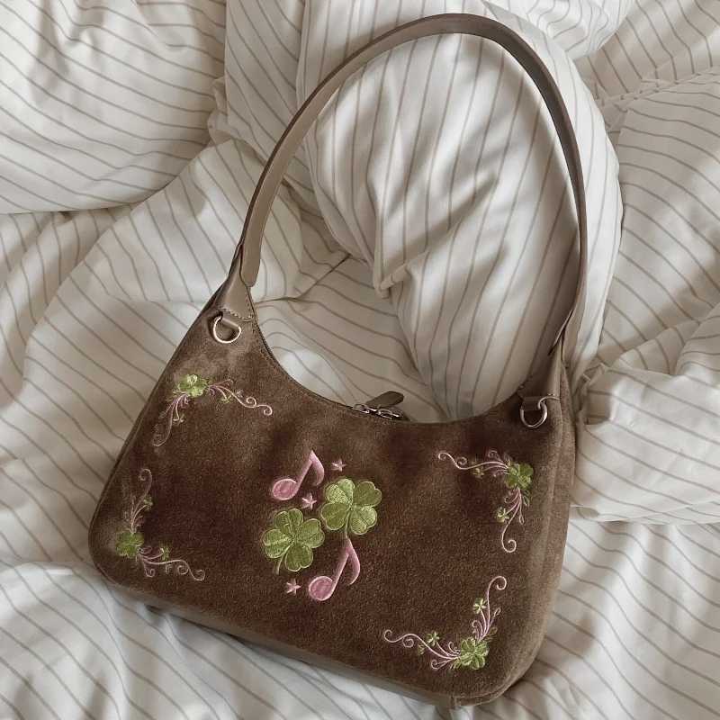 Vintage Embroidery Tote Bag For Women Four-leaf Clover Musical Note Pattern Suede Crossbody Shoulder Bag Casual Daily Handbag