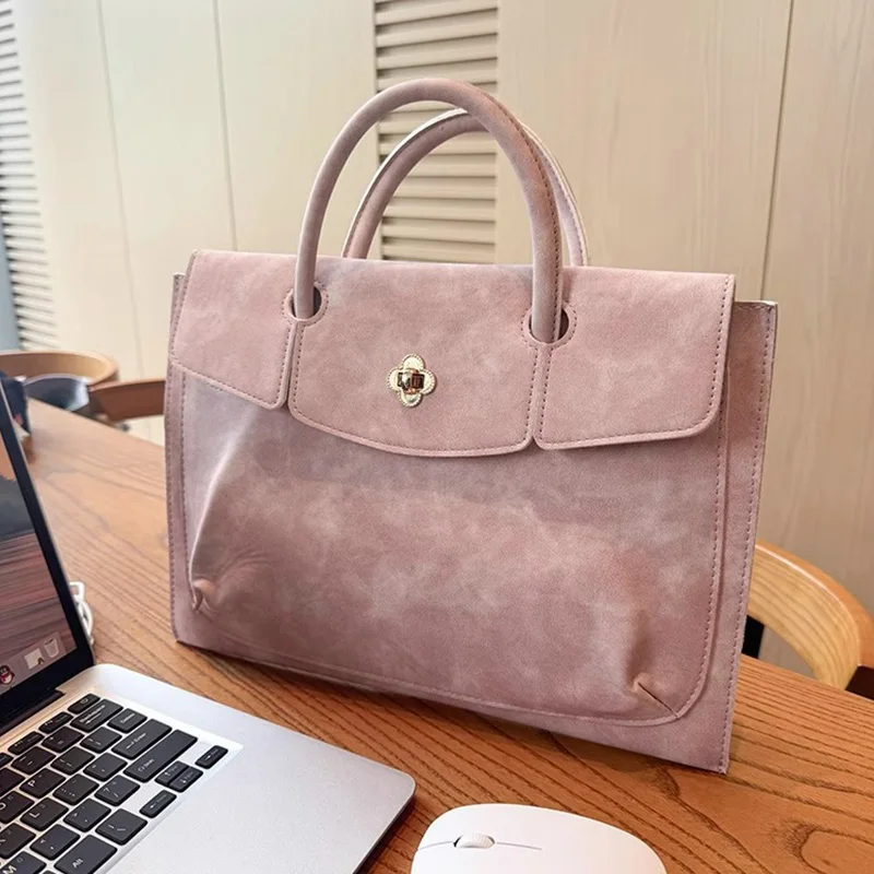 Elegant Pink PU Leather Laptop Tote Bag Top-handle Work Handbag with Floral Turn Lock for Women Office Daily Use
