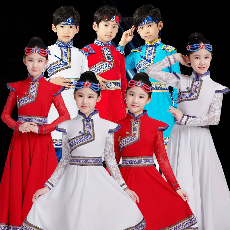 New Mongolian dance performance dress female children ethnic style performance dress long Oroqen ethnic stage male students