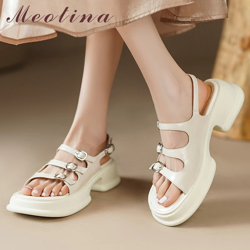 

Meotina Women Genuine Leather Round Toe Platform Sandals Block Mid Heel Buckle Ladies Fashion Casual Shoes Summer Spring White