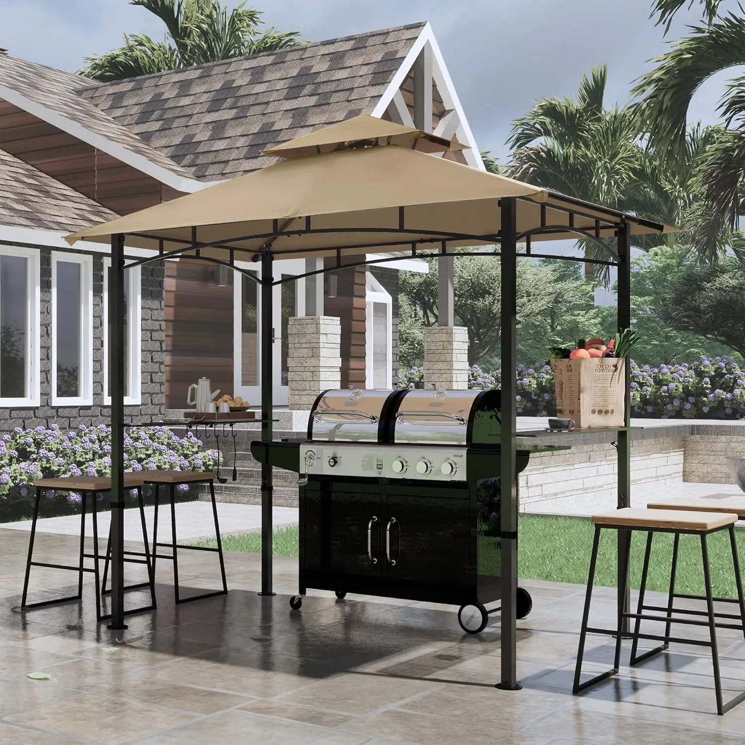 

8'x 5' Grill Gazebo Double Tiered Outdoor BBQ Gazebo Canopy with LED Light (Khaki)