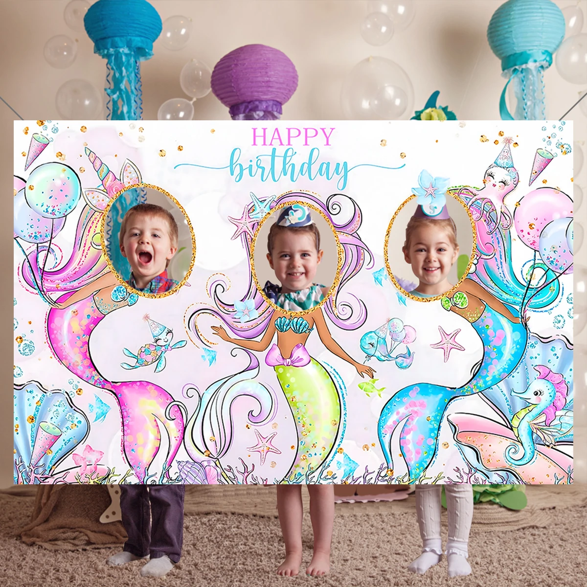 Mermaid photo Frame Background Little Mermaid Tail Birthday Party Decor Kids Girl Baby Shower Birthday Party Supplies Backdrop