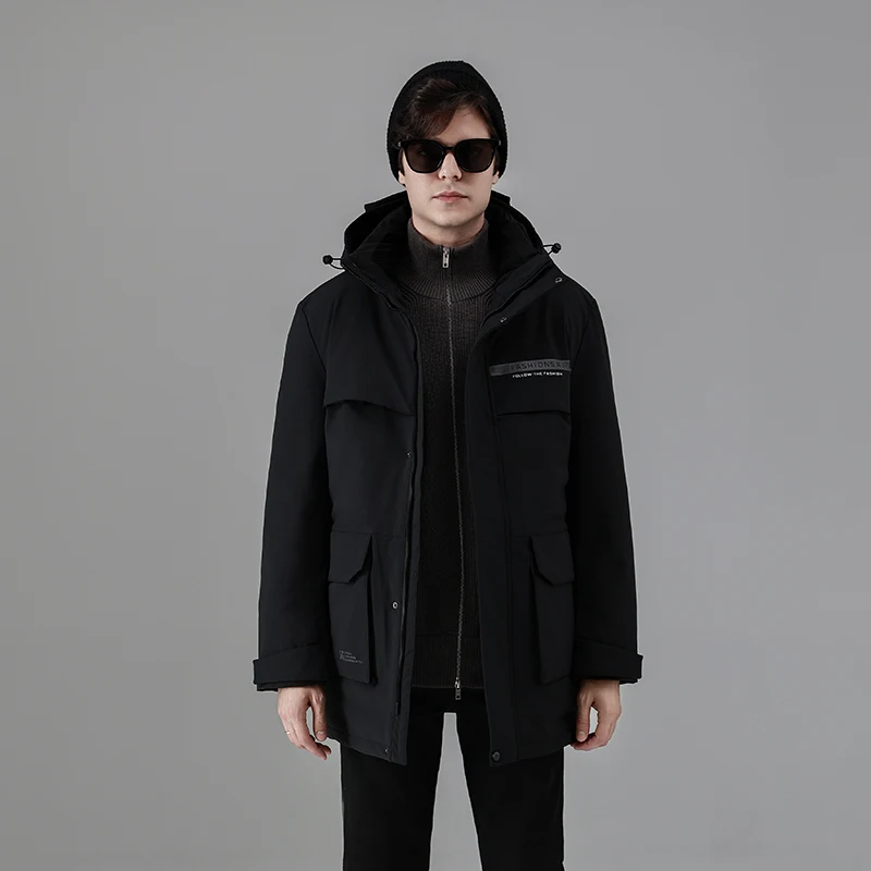 

Новая мужская удлиненная куртка 2025 года: модный пуховик для работы и повседневной носки, средней длины, из полиэфирного волокна