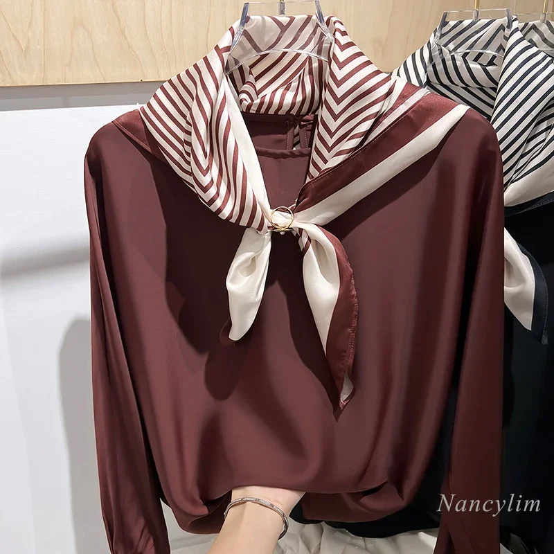 2024 New Korean Temperament Crew Neck with Striped Silk Scarf Pullover Long Sleeve Chiffon Shirt Women's Autumn Blouses and Tops