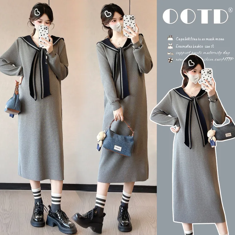 Maternity Dress 2025 Autumn Winter New Style Minimalist Elegant Preppy Style Sailor Collar Long Sleeve Straight Knitted Dress
