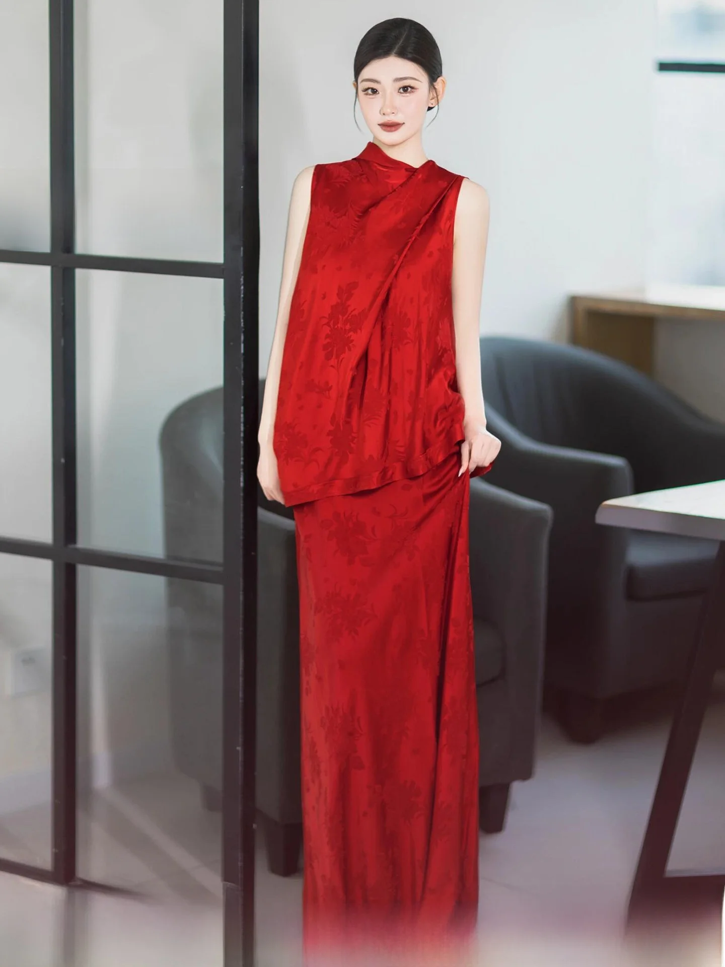 

Red Chinese Style Morning Robe Set for Women Vintage High End Engagement Wedding Reception Welcome Guest Bride Gown