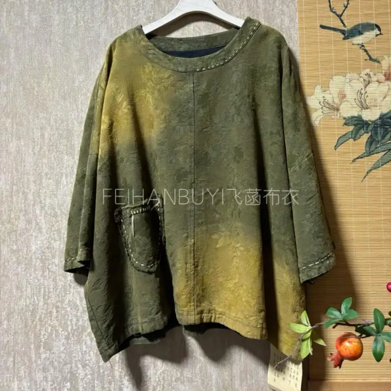 

Весна-лето в стиле искусства, женская свободная футболка с рукавами «летучая мышь», женские топы, винтажная жаккардовая хлопковая льняная футболка с вышивкой