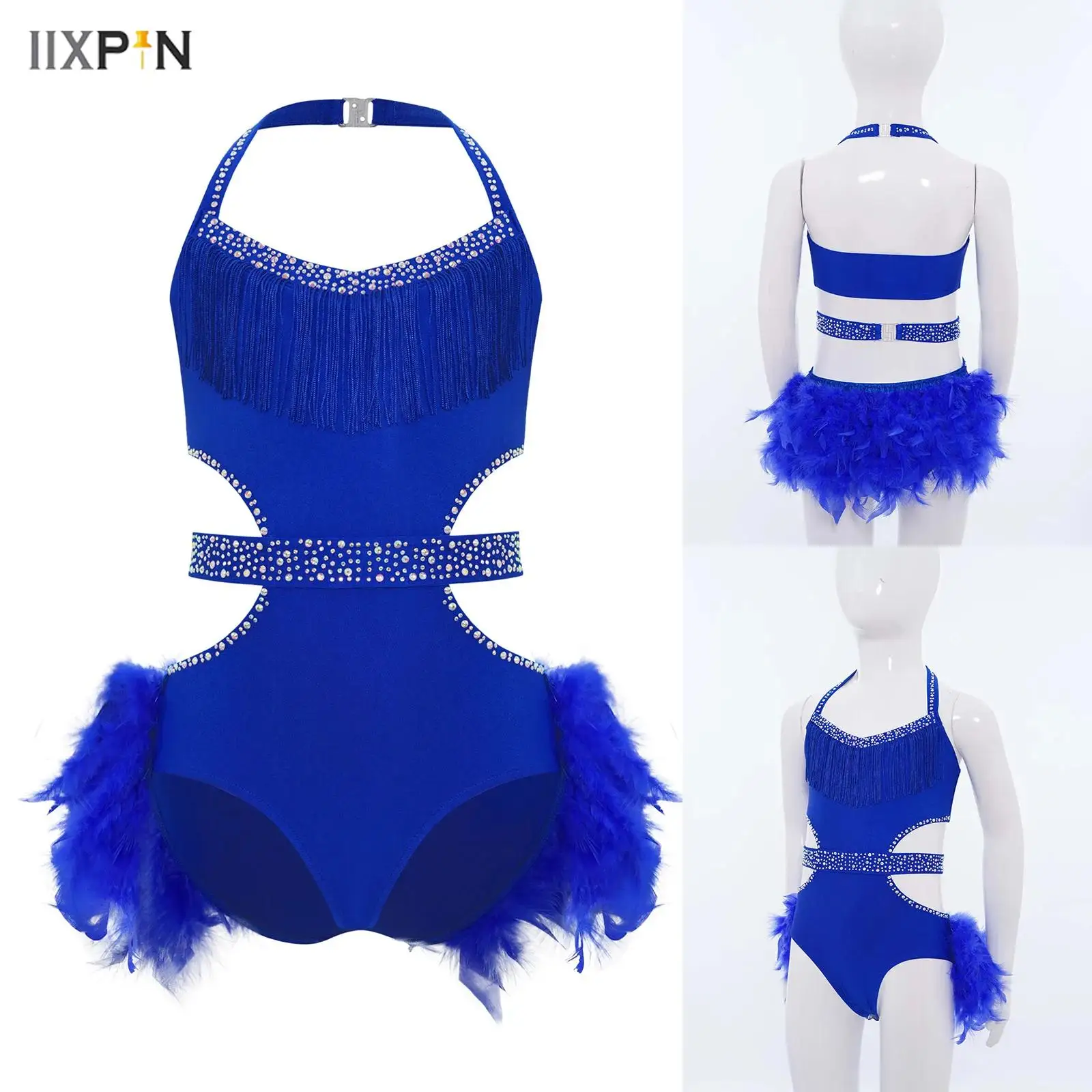 

Kids Girls Latin Jazz Dance Performance Costume Halter Sleeveless Cutout Sparkly Rhinestones Bodice Feather Skirted Leotard