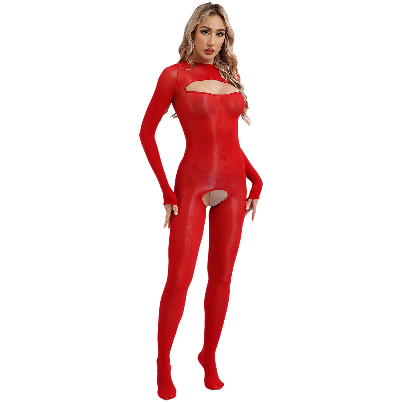 Womens Glossy See-Through Crotchless Bodystockings Jumpsuit Sheer Long Sleeve Open Breast Bodysuit Clubwear Rave Party Catsuit