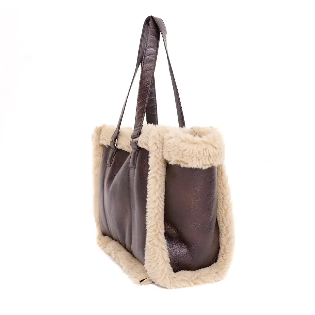 FAUX SHEARLING TOTE BAG traf winter new fashion patchwork texture fur one hand bill shoulder fur large shopping bag