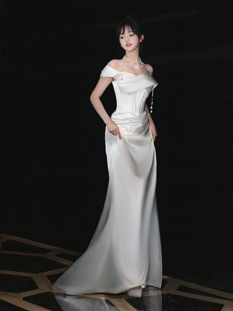 Ele boda de un solo hombro Dr coreano Sle Fi-tail vestido de noche invitado nupcial Dr falda larga sin mangas fibra de poliéster