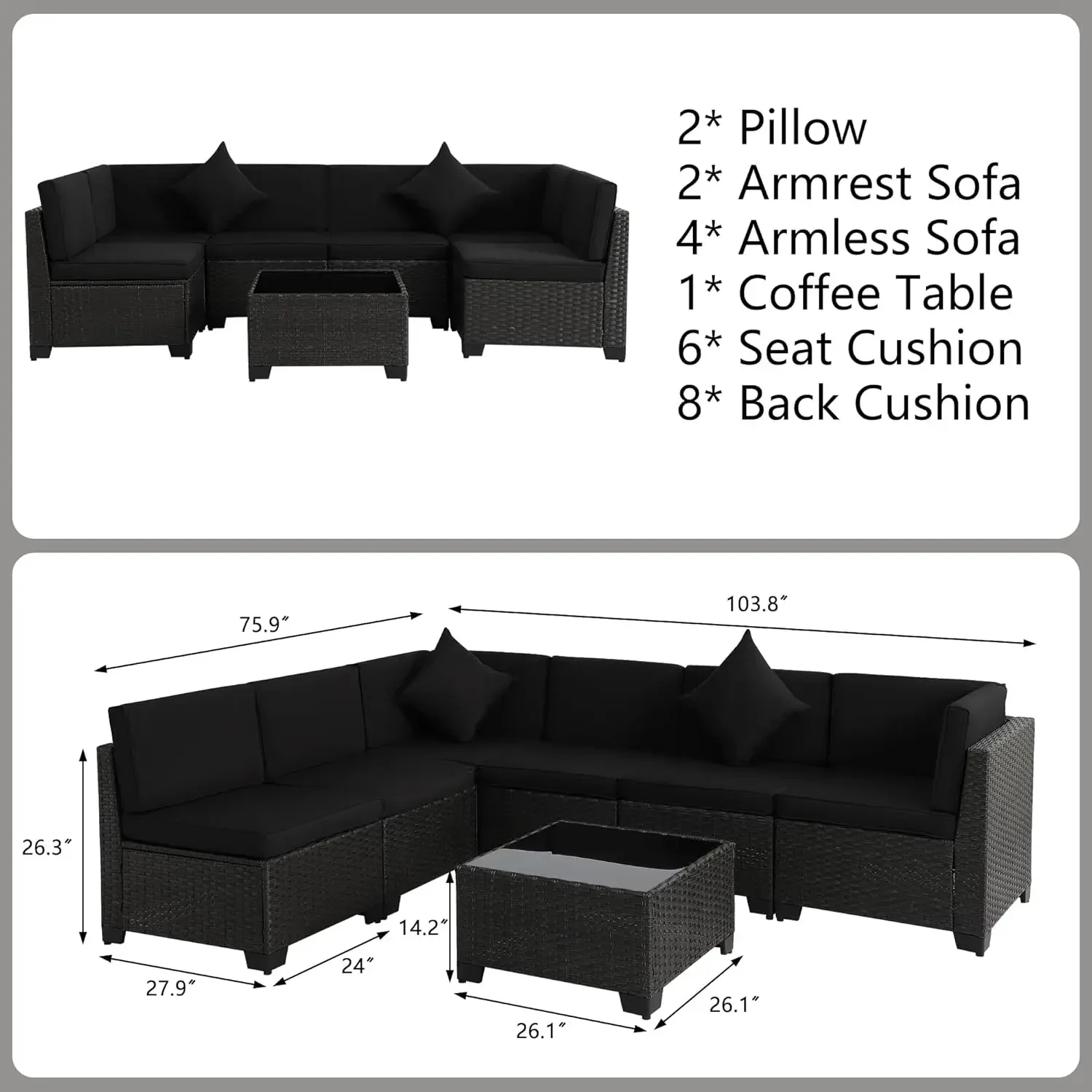 Outdoor Sectional Sofa, Wicker Patio Conversation Set, All-Weather PE Rattan Sectional Sofa with Cushions and Glass Coffee Table
