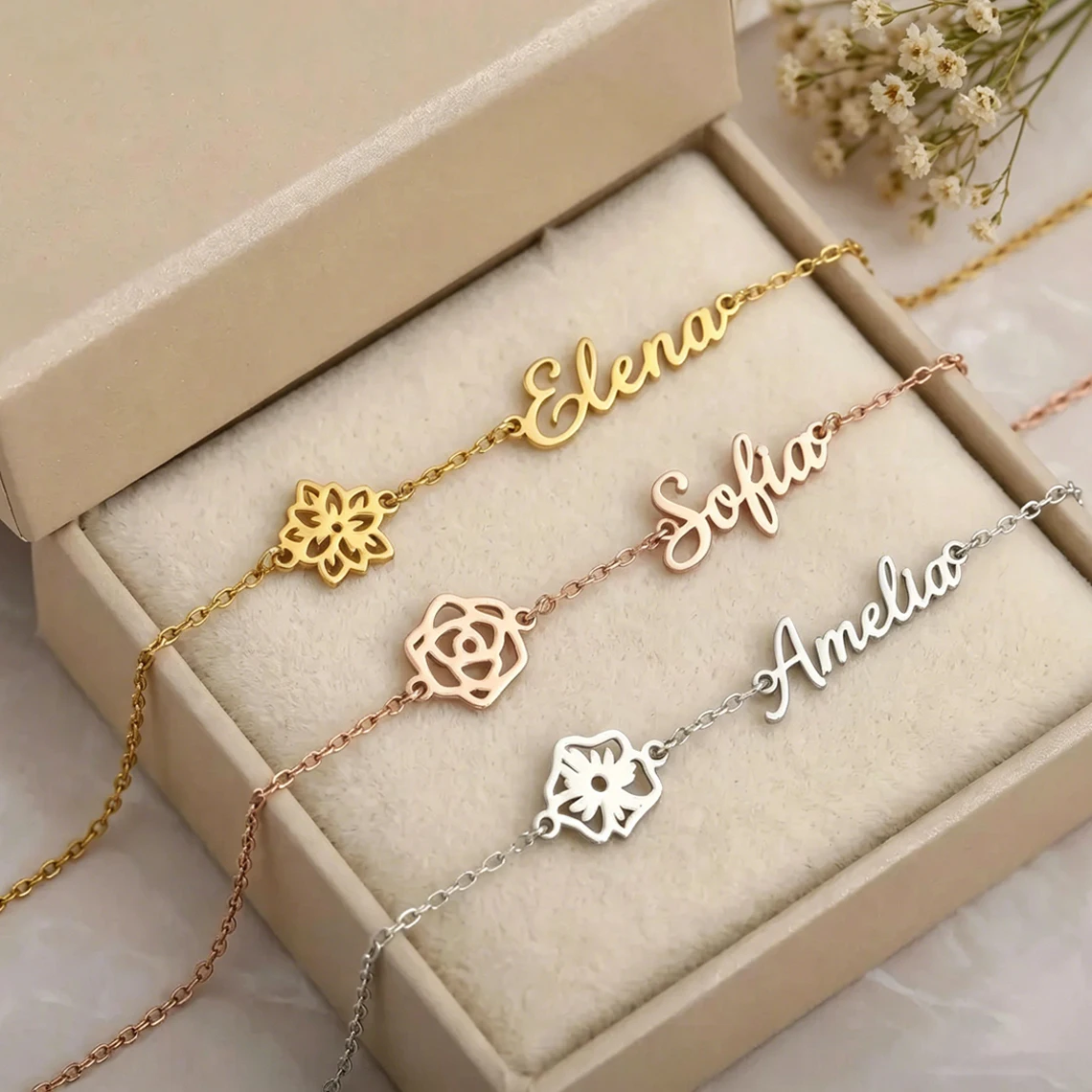 

Customized Name Bracelet with Birthflower for Women Mom Stainless Steel Personalized Floral Name Bracelet Birthday Jewelry Gift
