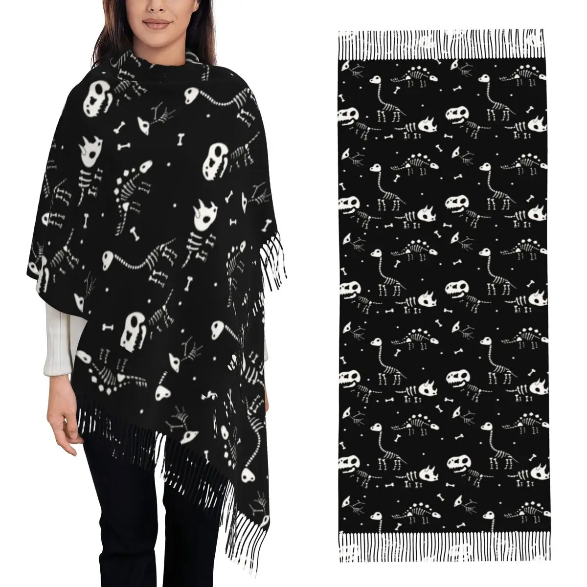 

Halloween Dinosaur Fossils Pattern Scarf Tassel Scarves for Women Soft Warm Shawls and Wraps Long Fall Winter Shawl Wrap