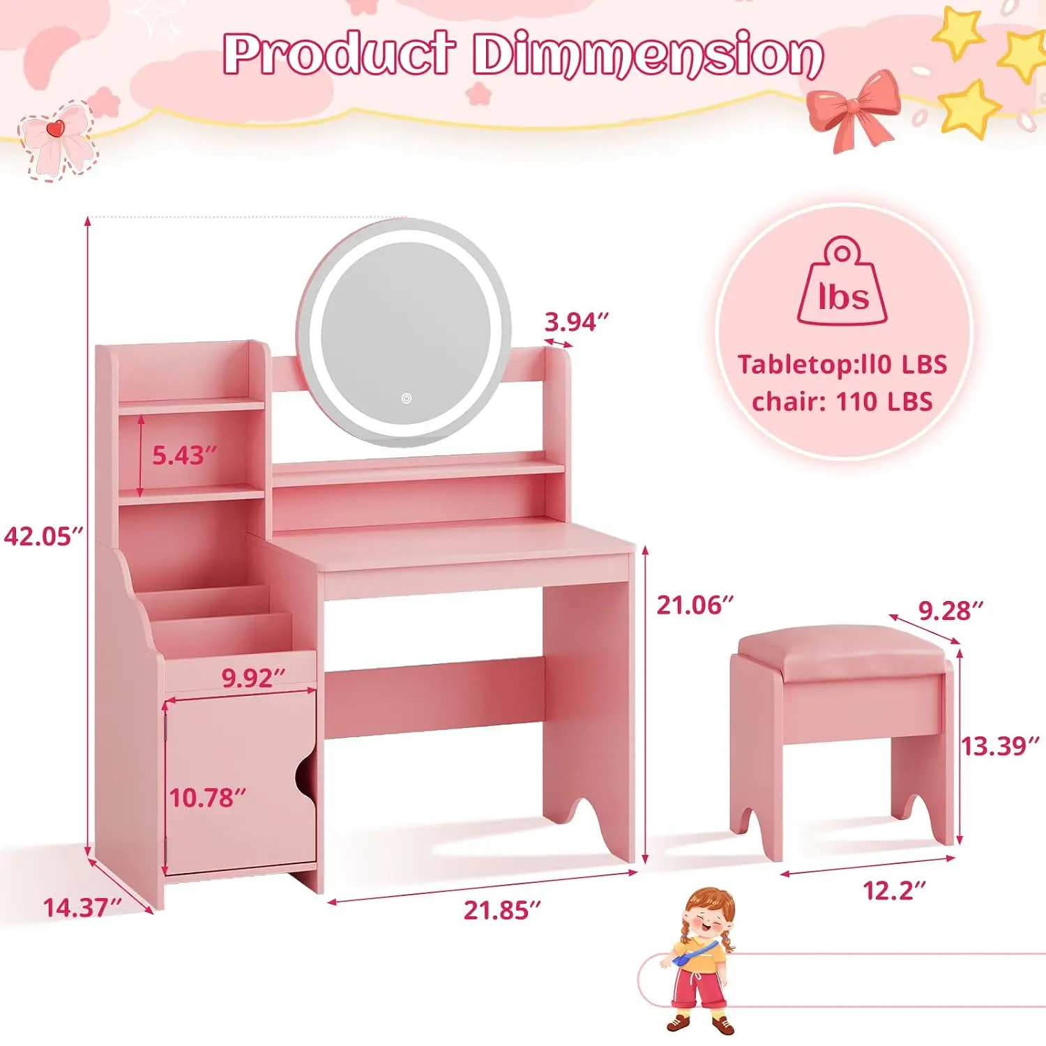 Kids Vanity with Lights, Makeup Desk with Storage & Shelves, Pretend Play Dressing Table for Girls Bedroom, Pink, Customized