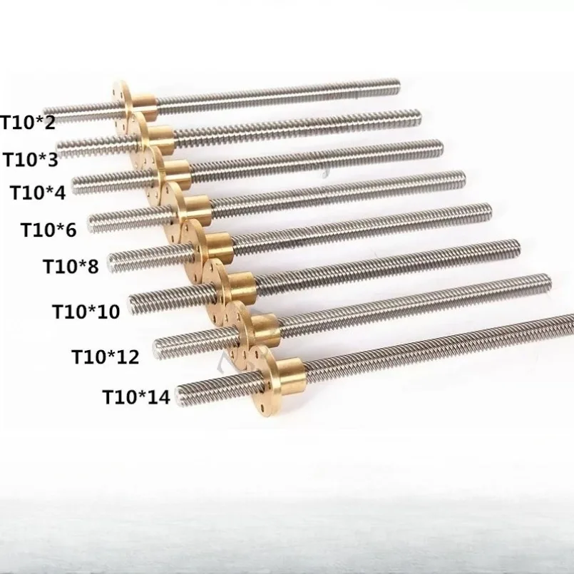 1pc T10 Lead Screw OD 10mm Lead 2/3/4/6/8/10/12/14mm Length 100/150/200/250/300/350/400/450/500mm with Brass Nut for 3D Printer