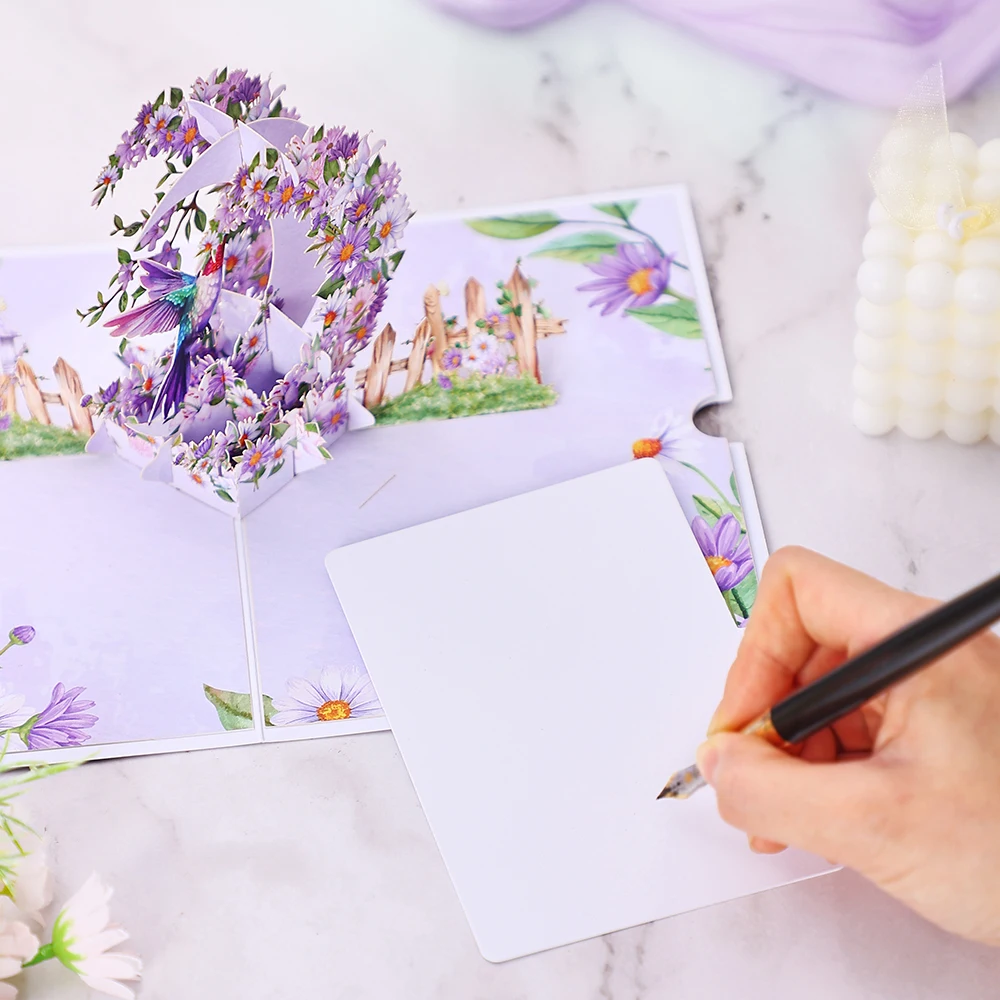 보라색 데이지 초승달 인사 카드, 팝업 카드, 생일, 결혼, 기념일 선물 카드