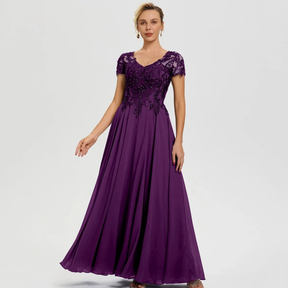 

Mother Dresses V Neck Customized Elegant Short Sleeve Bride Party Dress A Line Lace Occasion Gown robes invitée mariage