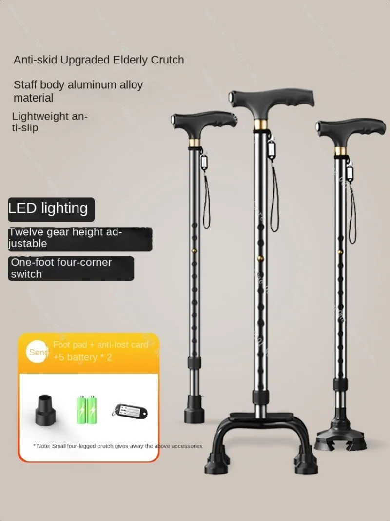 Cane with Four Feet Portable Multi-Function Light for the Elderly Anti-Skid Retractable Walking Stick Climbing Walking Aid