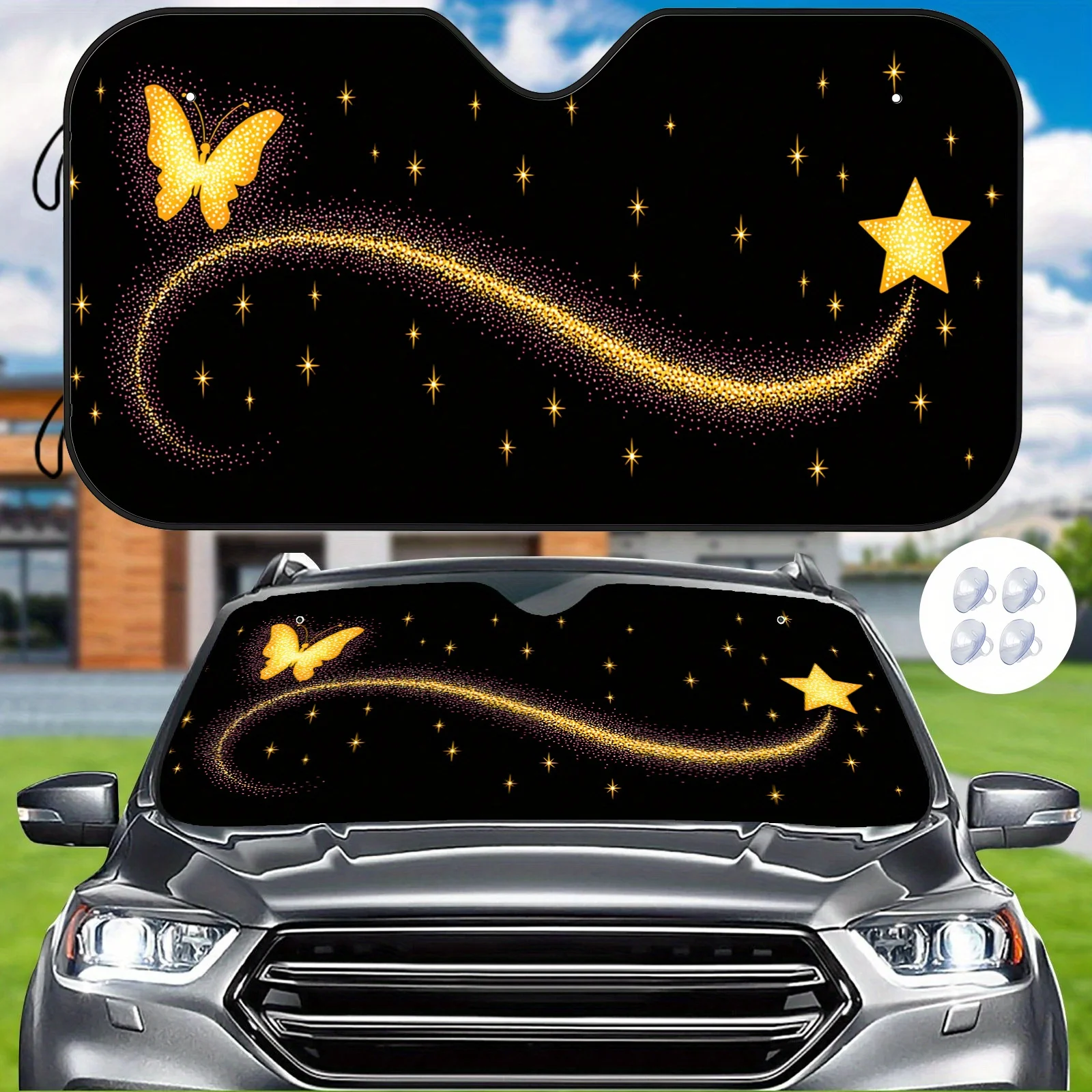 Golden Butterfly Car Front Deflector, Featuring A Golden Butterfly With Glittering Trail Connecting To Stars, Quick Installation