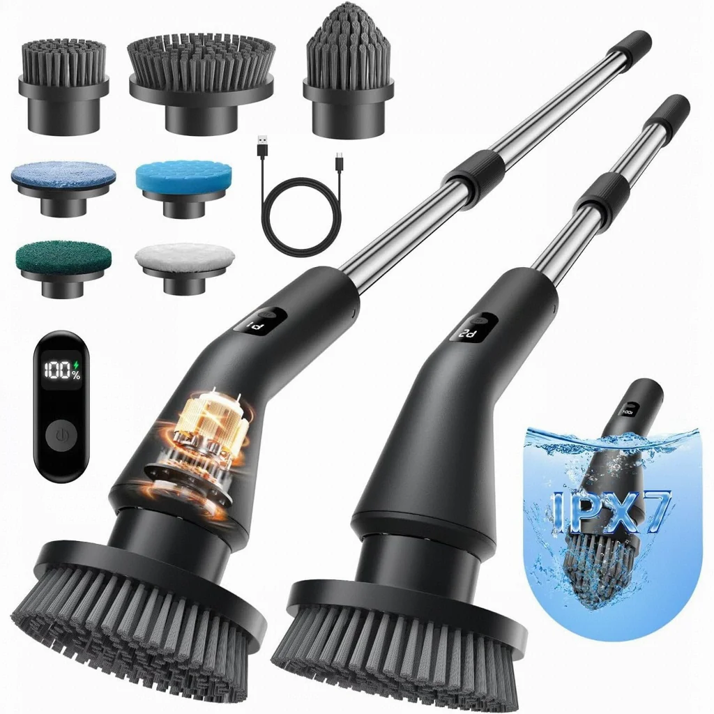 

Upgraded Electric Cordless Cleaning Brush 7 Brush Heads Bathroom Scrubber Waterproof Shower Scrubber