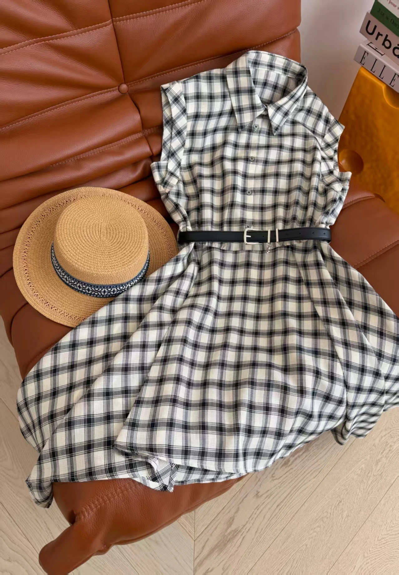French retro style retro black and white checkered acetic acid skirt belt waist cinching+irregular hem long skirt for women