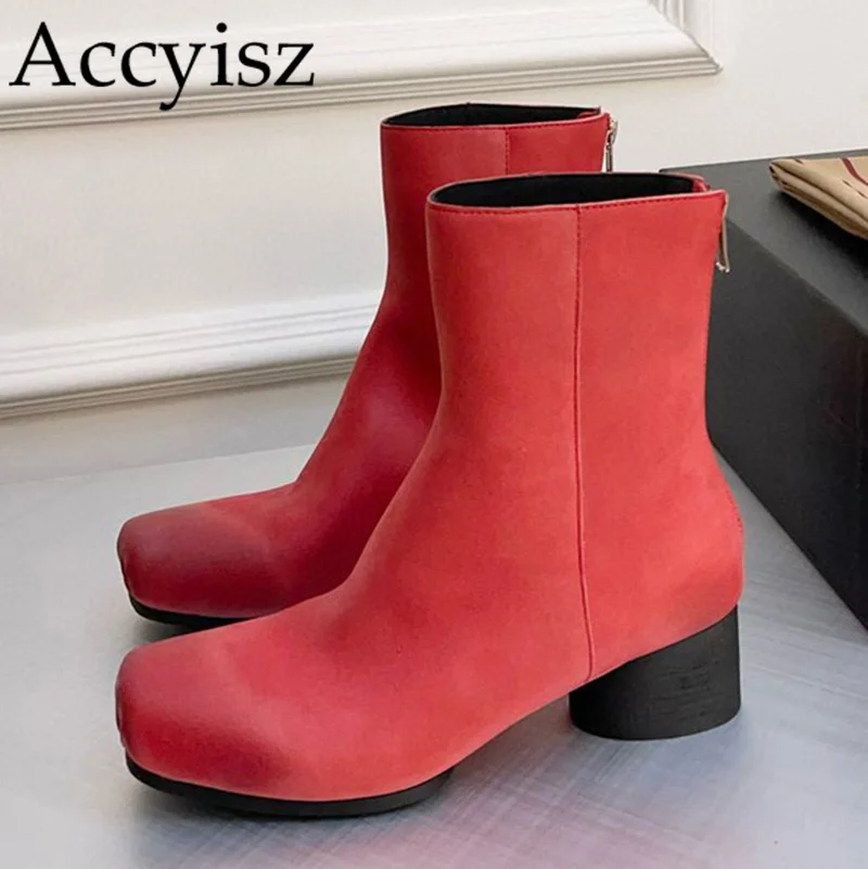 

Autumn Genuine Leather High Heels Ankle Boots Women's Sqaure Toe Solid Color Back Zippers Short Boots Chunky Heel Chelsea Boots