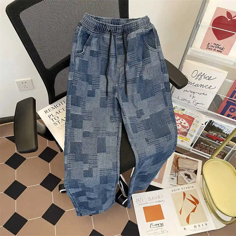

Trendy Plaid Men's Jeans High Street Vibe Wide Leg Pants Loose Straight Cut Casual Summer Jeans for Teenagers