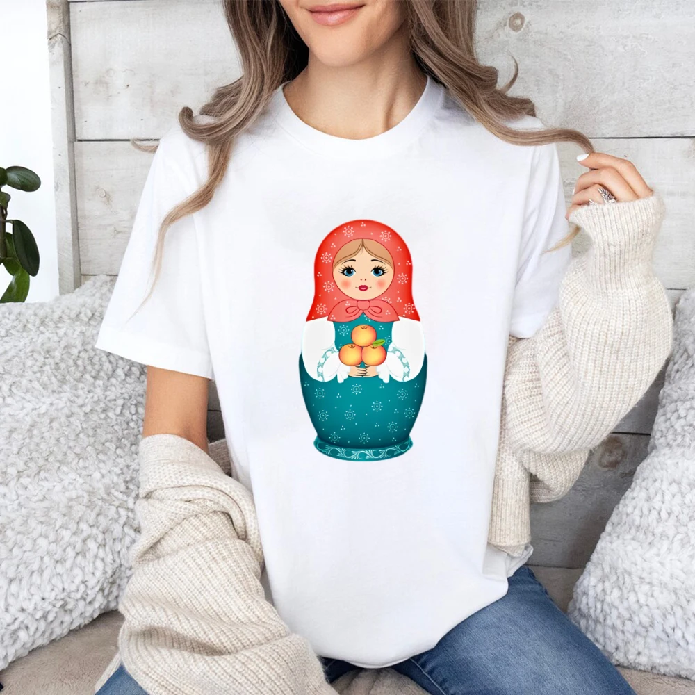 Russian Matryoshka T-shirt Lovely Nesting Matryoshka Short Sleeve Cute Porcelain Babushka Slavic Folk Art Black Shirt Tees Tops