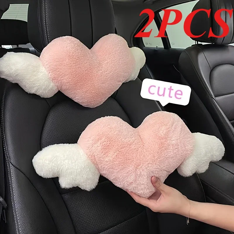 2pcs plush heart-shaped car pillows with angel wings - comfortable neck support for the seat