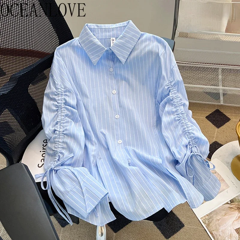 OCEANLOVE Women Shirts&blouses Drawstring Spring Autumn Korean Fashion Chic Blusas Mujer Stripes Simple Chic Loose Camisas