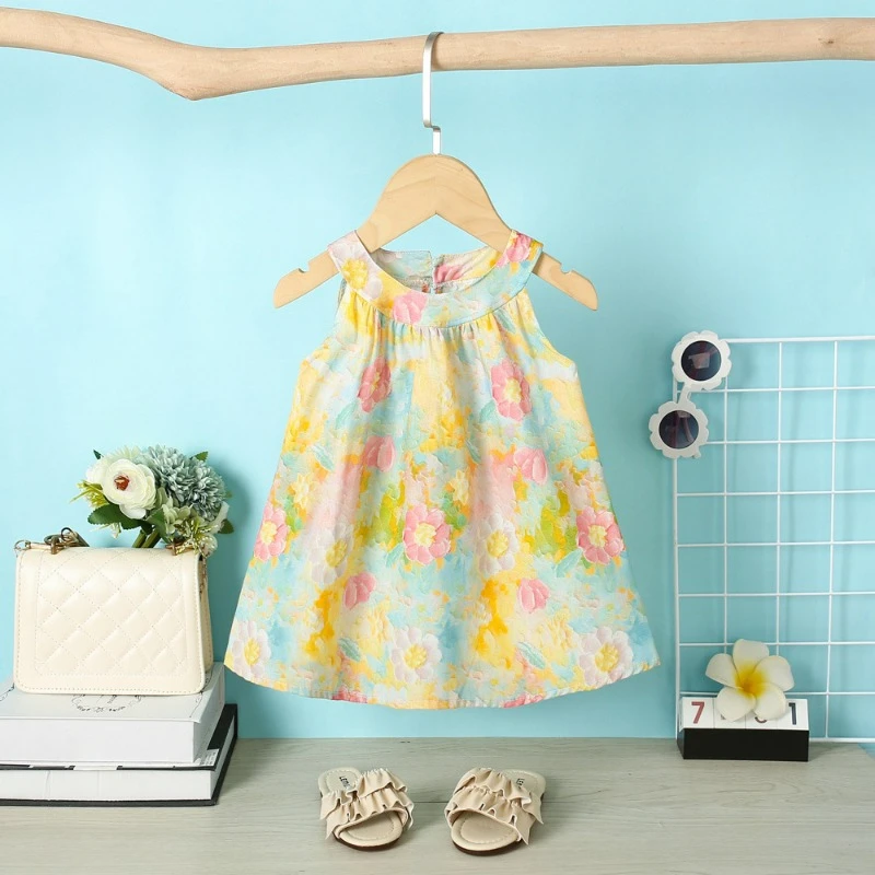 Children's Summer Halter Dress 2024 Girls Loose Sweet Korean Print Sleeveless Princess Dress New Baby Girl Clothes