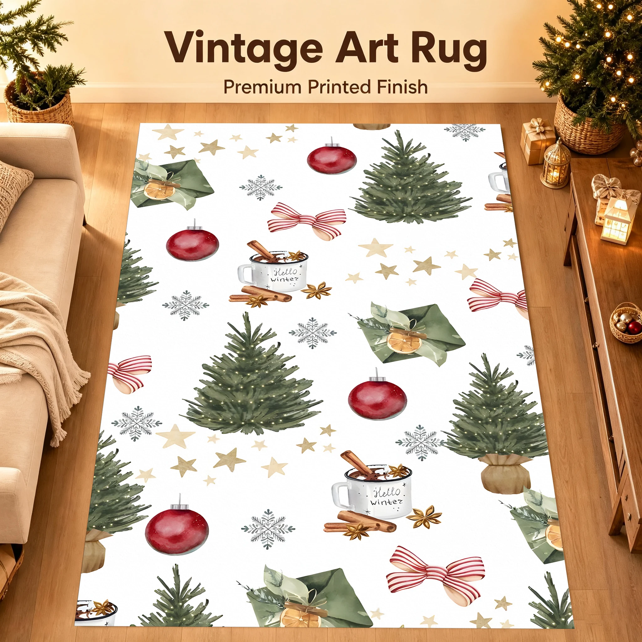 Red Berry Pine Branch Christmas Velvet Area Rug, Vintage Style, for Living Room Bedroom, Autumn Winter