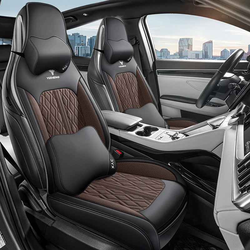 (Luxury Edition) Front Double Seat, Equipped with 2 Soft Headrests and 2 Comfortable Lumbar Supports, Luxurious Pu Leather Full-Cover Integrated Car Seat Cover, Universal, Breathable and Not Stuffy, Suitable for All Seasons, Fits the Seat Well, Non-Slip and Does Not Shift Easily, 3D Side Support, Enhances Your Driving Experience, Available in Five Colors, Suitable for Various Models Such as Sedans, Suvs, Trucks