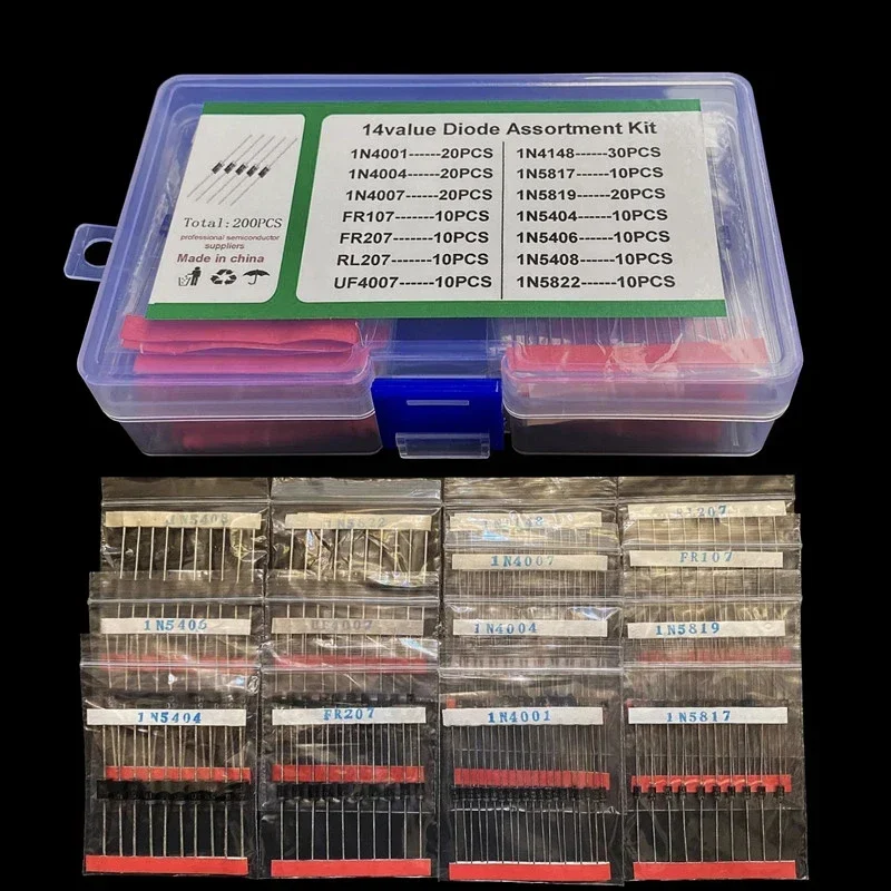14Value 200PCS Switching Transistors & Diodes Assortment Kit with Box Fast Recovery, Rectifier & Schottky Diodes