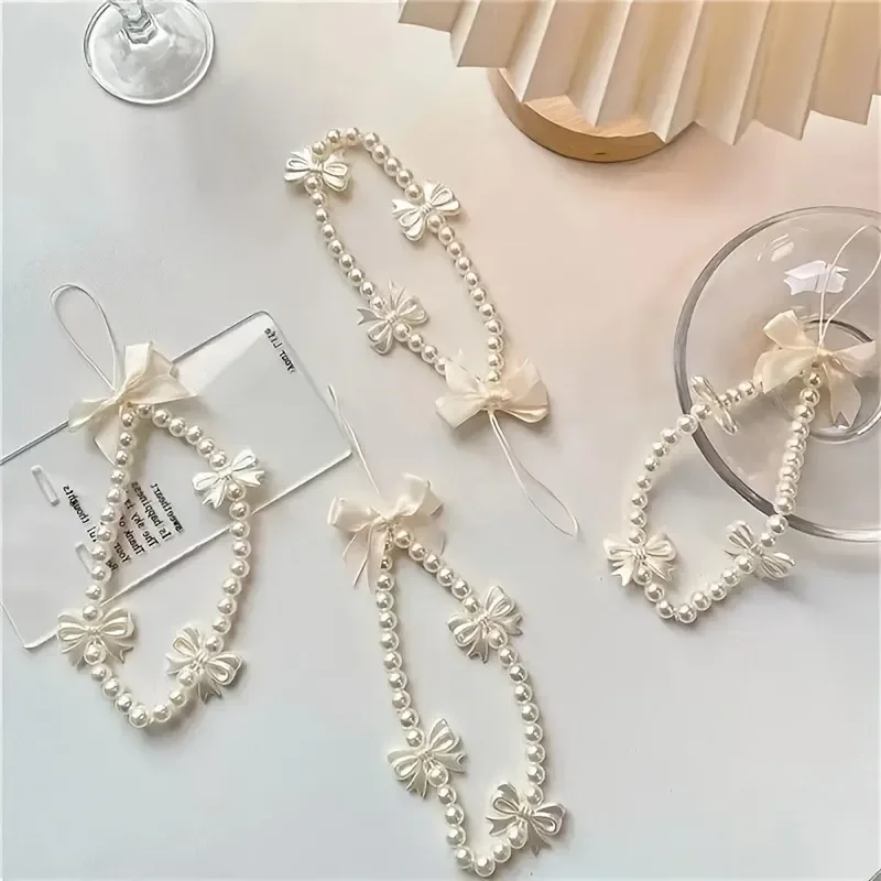 Sweet and Cute Pink Bow Mobile Strap Phone Chains For Women Pearl Chain Phone Pendant Charm Key Anti-Lost Lanyard Jewelry