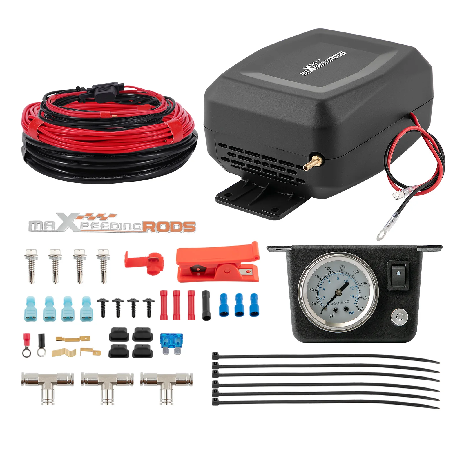 On Board Air Compressor System Universal Air Spring Compressor Kit with Gauge Air Line T Fittings for Trucks Vans | with Gauge Air Line T Fittings Universal for Trucks Vans