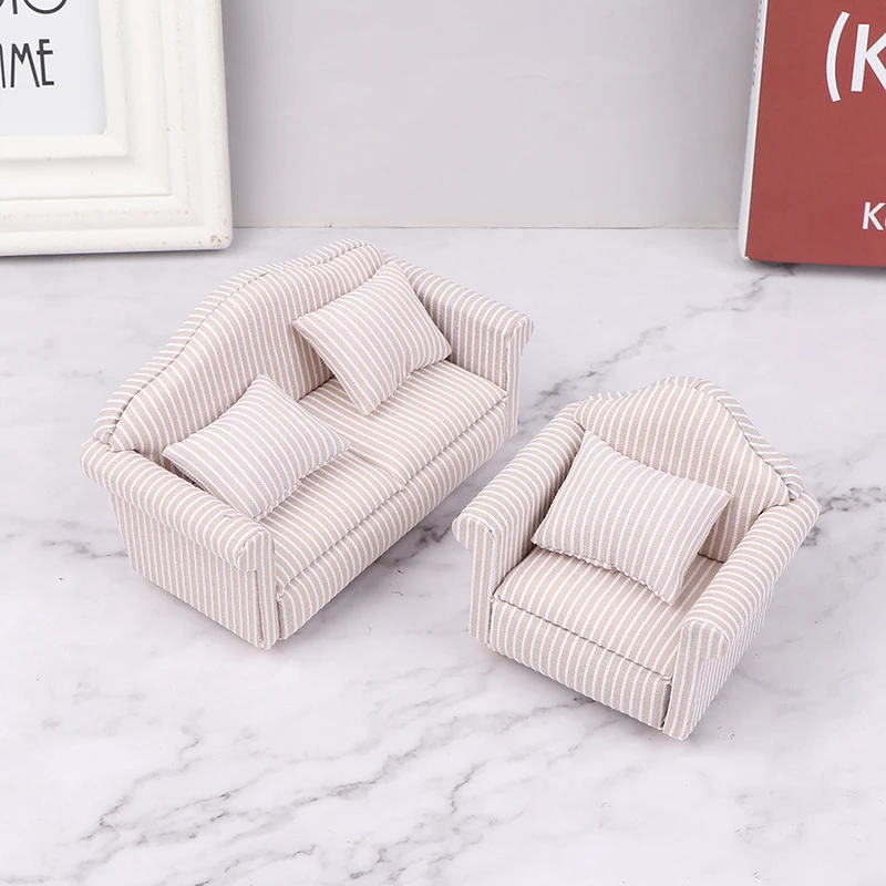 1:12 Dollhouse Miniature Striped Furniture Sofa With Pillow Sofa Model Furniture Scene Toy Doll House Decor Dollhouse Accessorie
