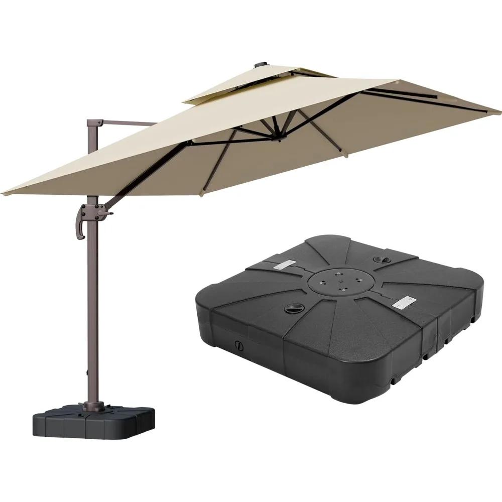 

9x12FT Beige Cantilever Outdoor Patio Umbrella, with Base, Large Rectangular Offset Design, Double Top Heavy Duty Aluminum Frame