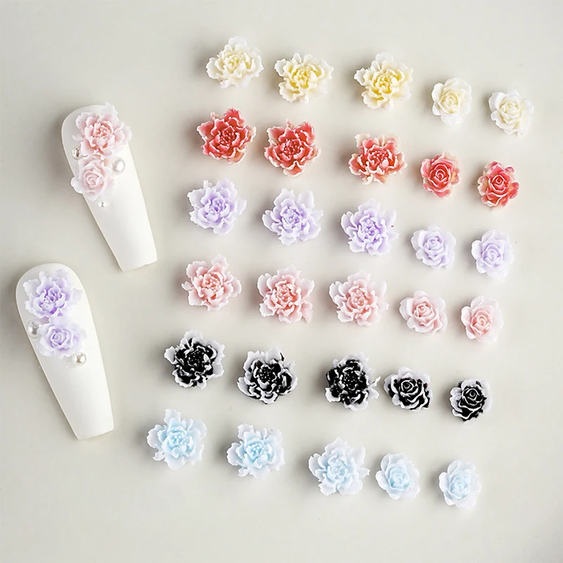 10pcs Gradient Nail Accessories Resin Dual Color Luminous Peony Flower Carving Rose Wearing Nail Decoration