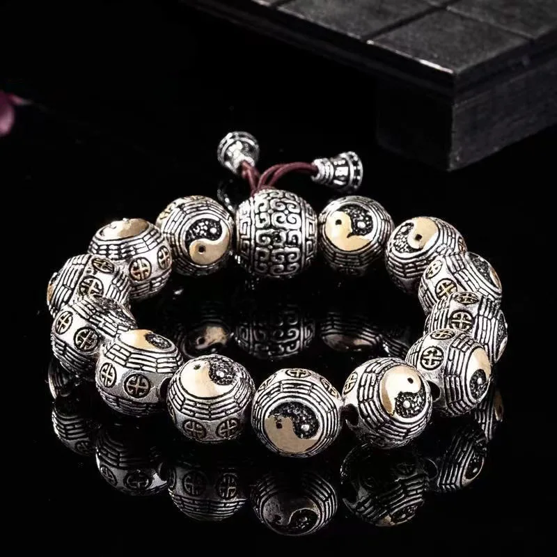 Antique Finish Thai Silver Mens Beaded Bracelet Chinese Style Tai Chi Bagua Lucky Charm Good Fortune Blessing Protection Prayer