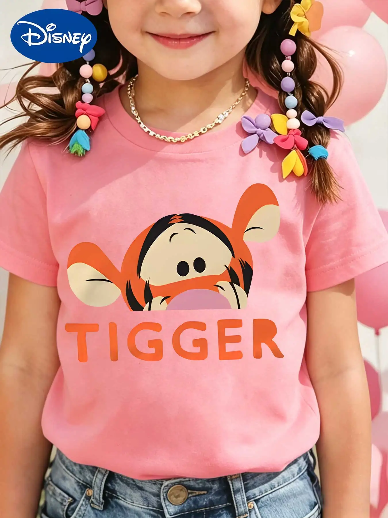 The Pooh Kids Cotton T-shirt, Peeking Tigger Head Bold Letter Print Short Sleeve Tops, Summer Toddler Girls Birthday Gift Tee