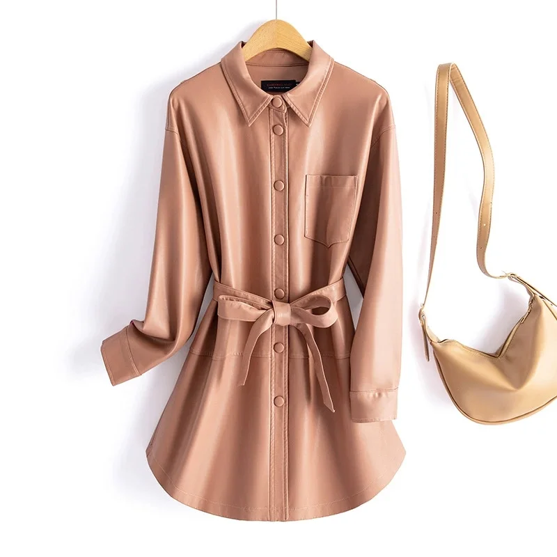2025 Vintage Black Women's Leather Trench Coat Spring Autumn Single-breasted Sashes Windbreaker Lady Loose PU Leather Outerwear