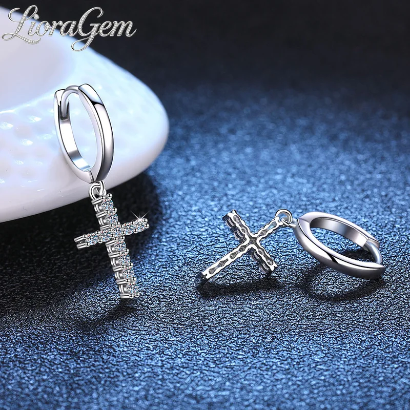 LioraGem Women's Full Diamond Cross Pendant Earrings, Fashion Earrings, Moissanite Earrings Platinum PT950 Stamp