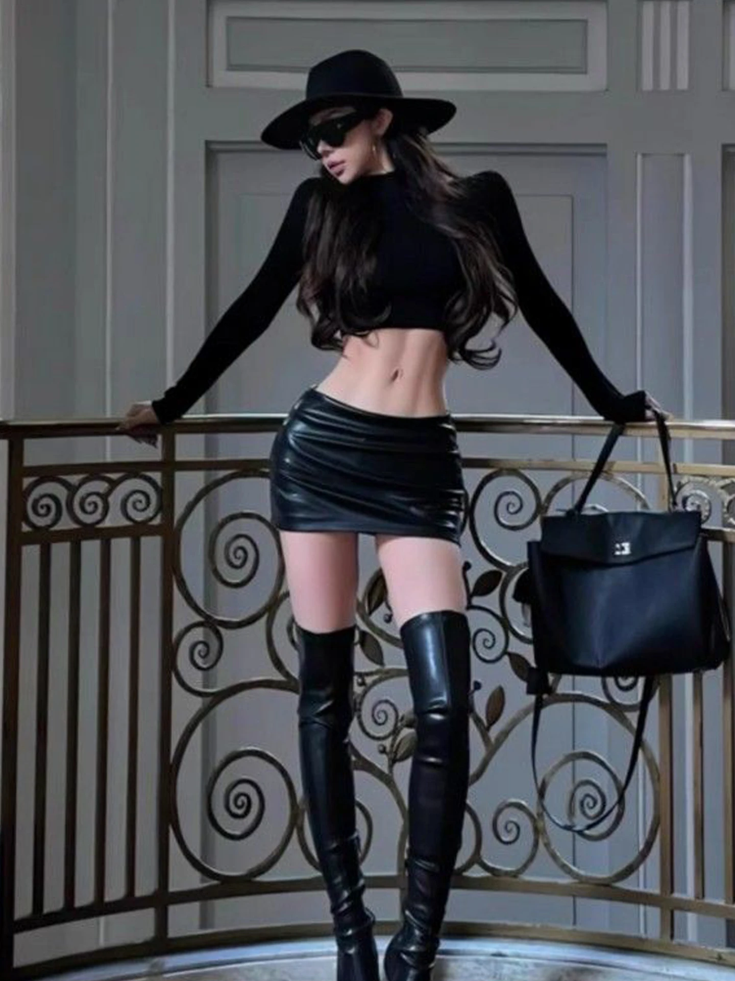 Sexy Spicy Girl Low Waist Bodycon Long Sleeve High Collar Black T-Shirt And  Skirt Ensemble for Young Women