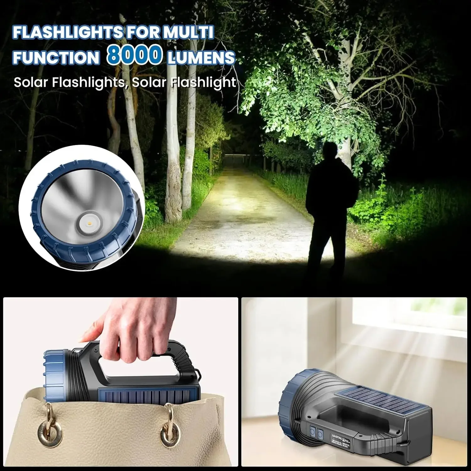 Portable Solar+USB LED Searchlight Rechargeable Camping Lantern Outdoor Power Bank Work Light Emergency Flashlight with Strap
