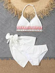 Maillot de bain et jupe de plage pour filles, bikini licou blanc, maillots de bain pour enfants, baigneuses féminines, vêtements de plage trempés, 2023, 3 pièces