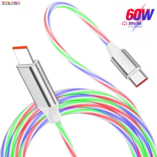 Kabel USB C do szybkiego ładowania 60 W typu C do typu C LED świecący kabel do ładowania dla IPhone 15 Pro Max Samsung S24 OPPO VIVO Xiaomi