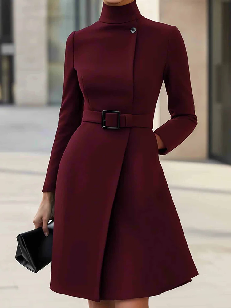 

Spring Autumn Long Sleeve Solid Mini Dress, Women Half High Collar Casual Chic Party Dress, Sashes Patchwork Simple Ladies Dress