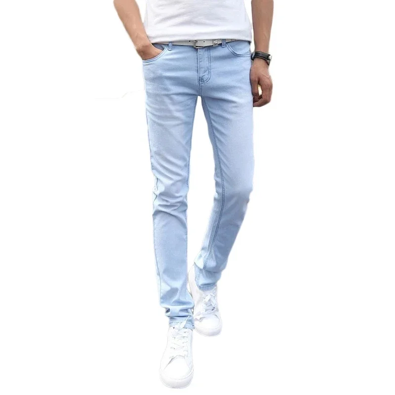 2024 New Men Stretch Skinny Jeans Male Designer Brand Super Elastic Straight Trousers Jeans Slim Fit Fashion Jeans , Sky blue